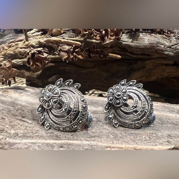 Artisan CNP Earrings Silver German 800 Marcasite Filigree Oxidized Clip-Ons - Picture 1 of 8